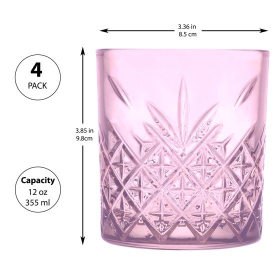 Pink Whiskey Glasses Set of 4, 12 oz Old Fashioned Lowball Barware, Heavy Base Colored Rocks Glass Tumbler for Bourbon, Scotch, Cocktail Drinking