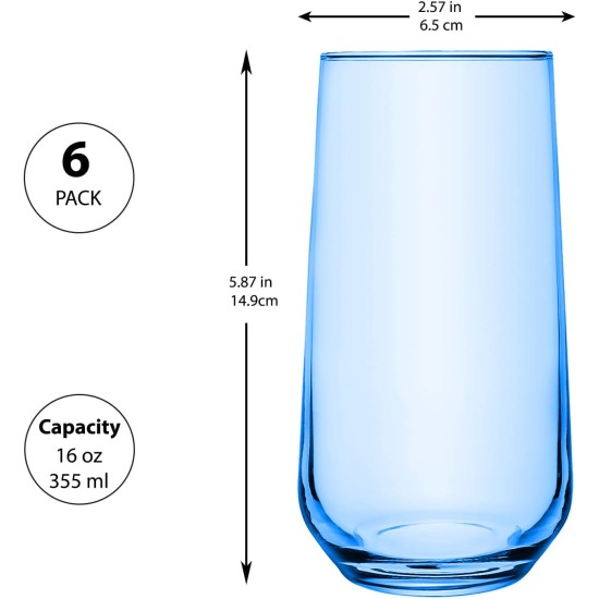  Blue Highball Glasses Set of 6, Tall Glass Cups for Cocktail, Long Drink, Water, Juice, Ice Tea, Mojito, 16 oz Colored Tumbler Bar Glassware