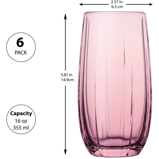  Pink Highball Drinking Glasses Set of 6, Tall Glass Tumblers for Cocktail, Long Drink, Water, Juice, Ice Tea, Mojito, 16 oz Colored Bar Glassware