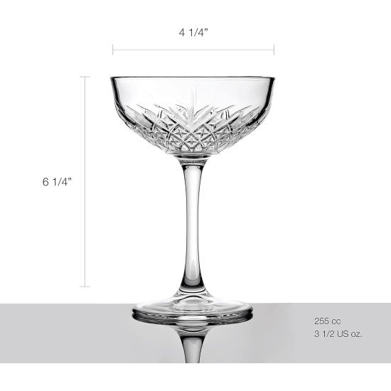  Crystal Cut Wide Champagne Bowl Set of 4, 8.62oz, Fine-Blown Glass Retro Champagne Glasses with Stem for Champagne Or Cocktails, Crystal Design