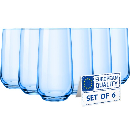  Blue Highball Glasses Set of 6, Tall Glass Cups for Cocktail, Long Drink, Water, Juice, Ice Tea, Mojito, 16 oz Colored Tumbler Bar Glassware