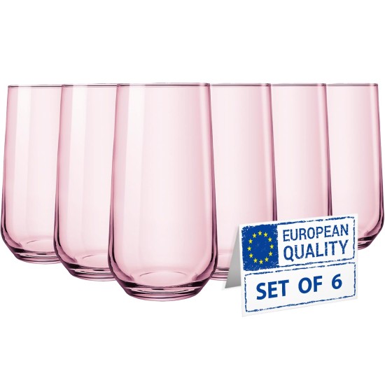  Pink Highball Glasses Set of 6, Tall Glass Cups for Cocktail, Long Drink, Water, Juice, Mojito, 16 oz Rose Color Bar Glassware