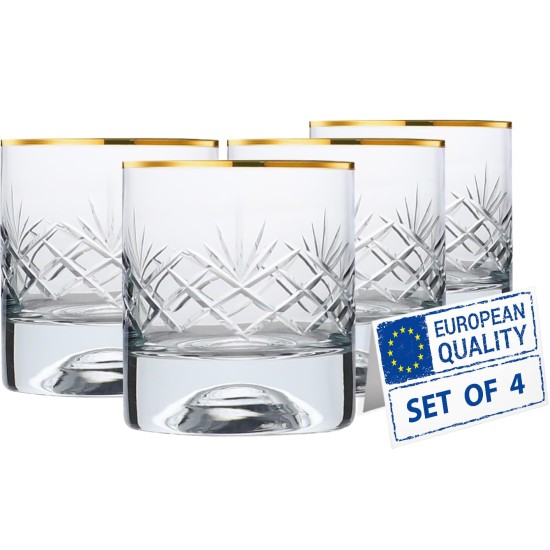  Crystal Cut Old Fashioned Whiskey Glasses with Gold Rim Set of 4, Heavy Base Rocks Glasses, Unique Lowball Tumbler for Bourbon, Scotch Whiskey, Cocktails, Cognac, 7 oz