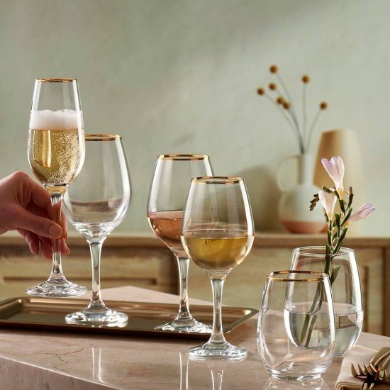  Gold Rim Wine Goblet Glasses With Long Stem Set of 6, Laser-Cut Rim Crystal Clear Elegant Glassware for Drinking Wine, Durable Tempered Rim Premium Blown Chalices, 19.6 oz