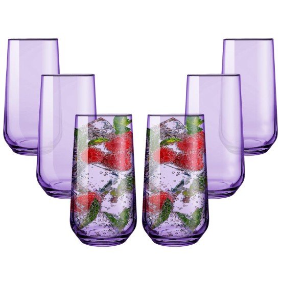  Purple Highball Glasses Set of 6, Glass Cocktail Drinking Barware, Tall Glass Cups for Long Drink Water, Juice, Ice Tea, Mojito, 16 oz Colored Bar Glassware
