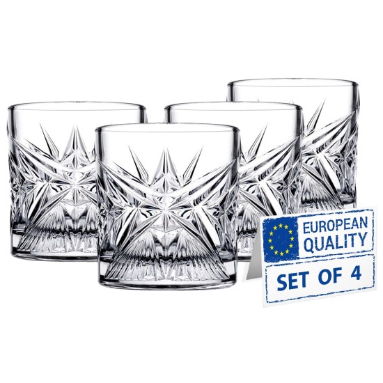 Crystal Whiskey Glasses Set Of 4, 12 oz Premium Lowball Rocks Tumblers with Heavy Base