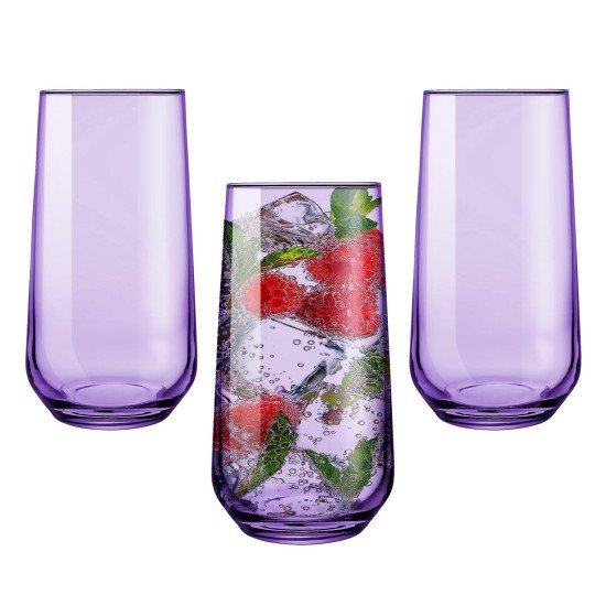 Biandeco Purple Highball Glasses Set of 3, Glass Cocktail Drinking Barware, Tall Glass Cups for Long Drink Water, Juice, Ice Tea, Mojito, 16 oz Colored Bar Glassware