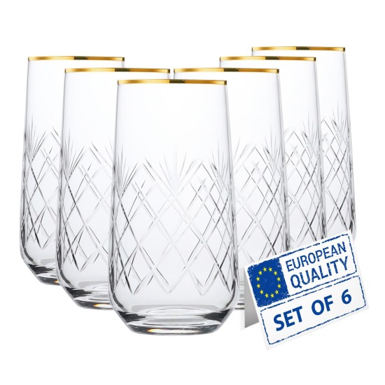  Crystal Cut Gold Rimmed Highball Glasses Set of 6, Handmade Tall Glass Cups for Cocktail, Long Drink, Water, Juice, Ice Tea, Mojito, 16 oz