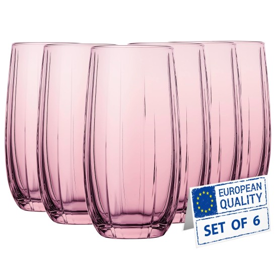  Pink Highball Drinking Glasses Set of 6, Tall Glass Tumblers for Cocktail, Long Drink, Water, Juice, Ice Tea, Mojito, 16 oz Colored Bar Glassware